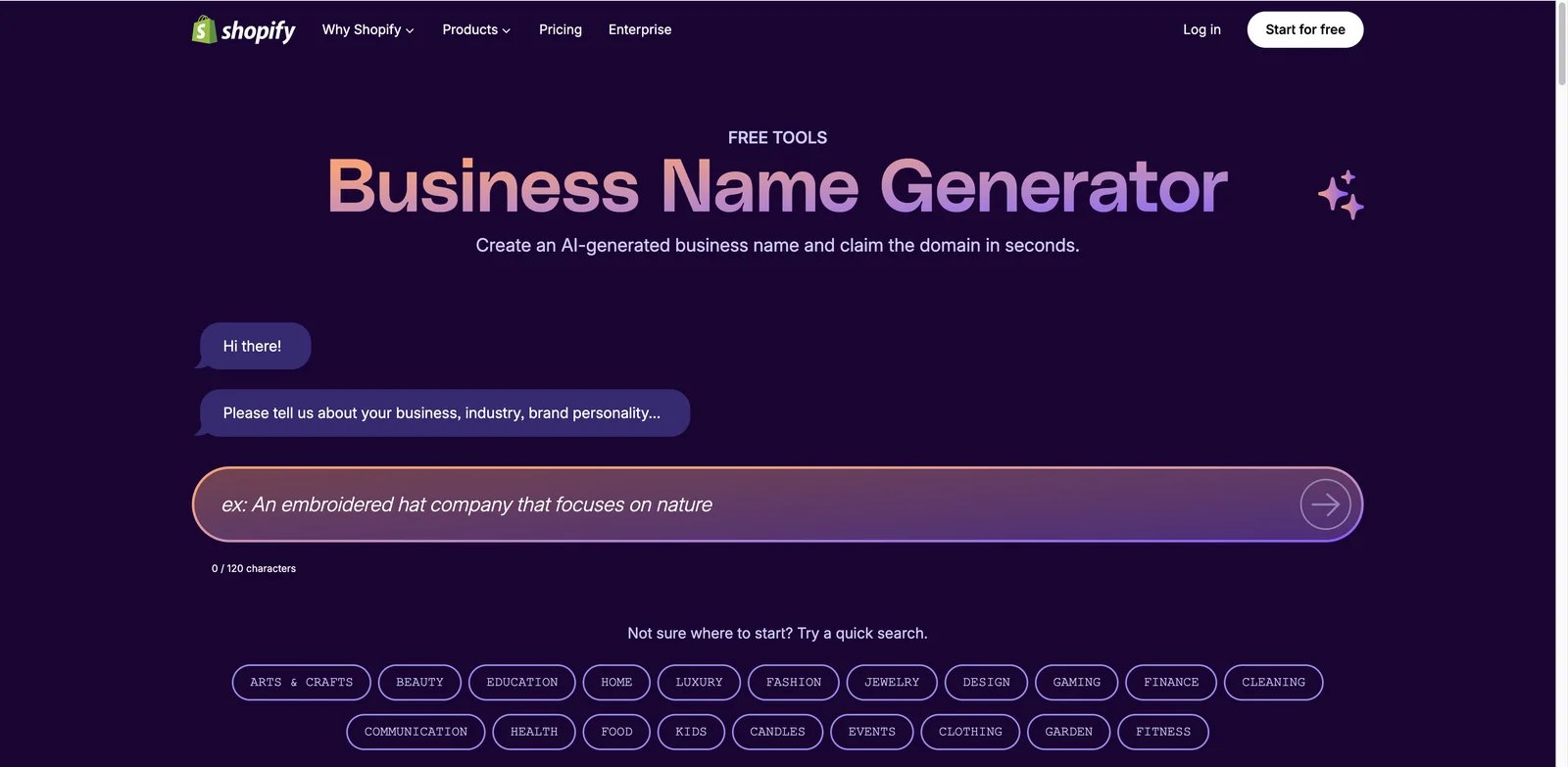 Shopify Business Name Generator interface showing ecommerce name ideas