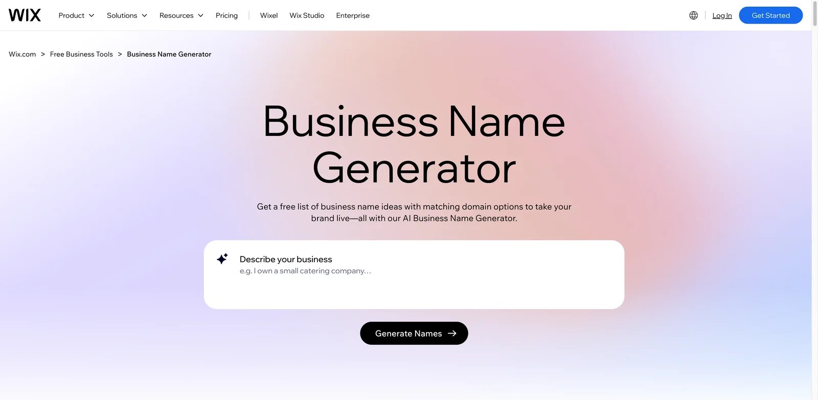 Wix Business Name Generator interface showing AI name ideas for website builders