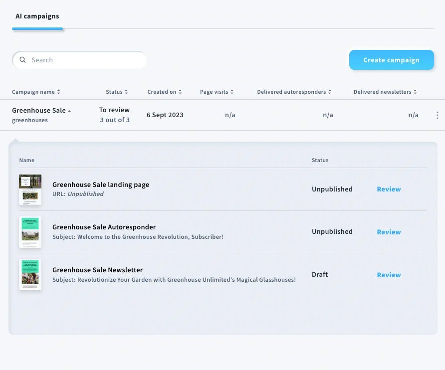 GetResponse official documentation showing the three generated campaign elements