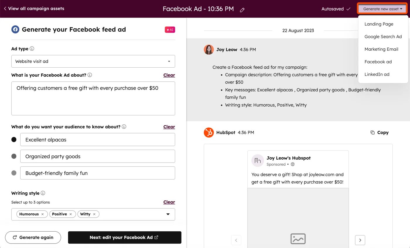 HubSpot Campaign Assistant vendor screenshot of the copy-generation interface