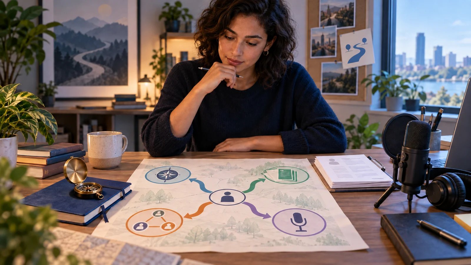 A career map branching into exploration, applications, networking, and interview practice