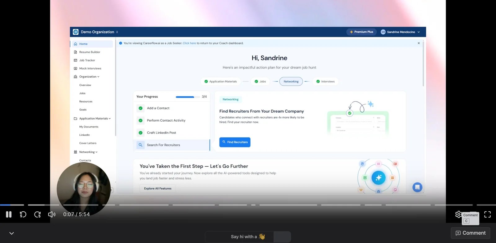 Careerflow workspace showing the application, networking, and interview workflow in the official product demo