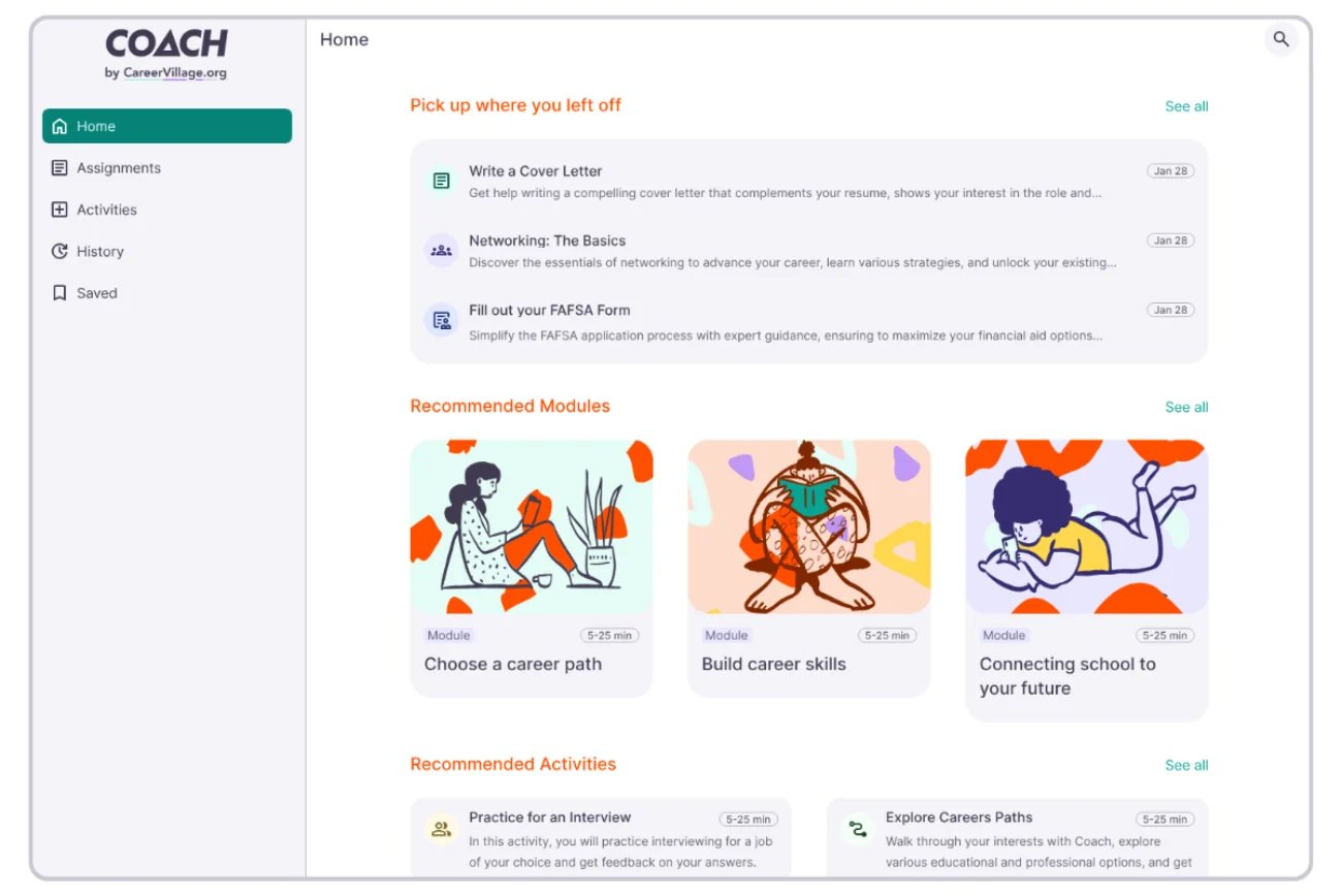 CareerVillage Coach learner dashboard showing recommended career-readiness modules and guided activities