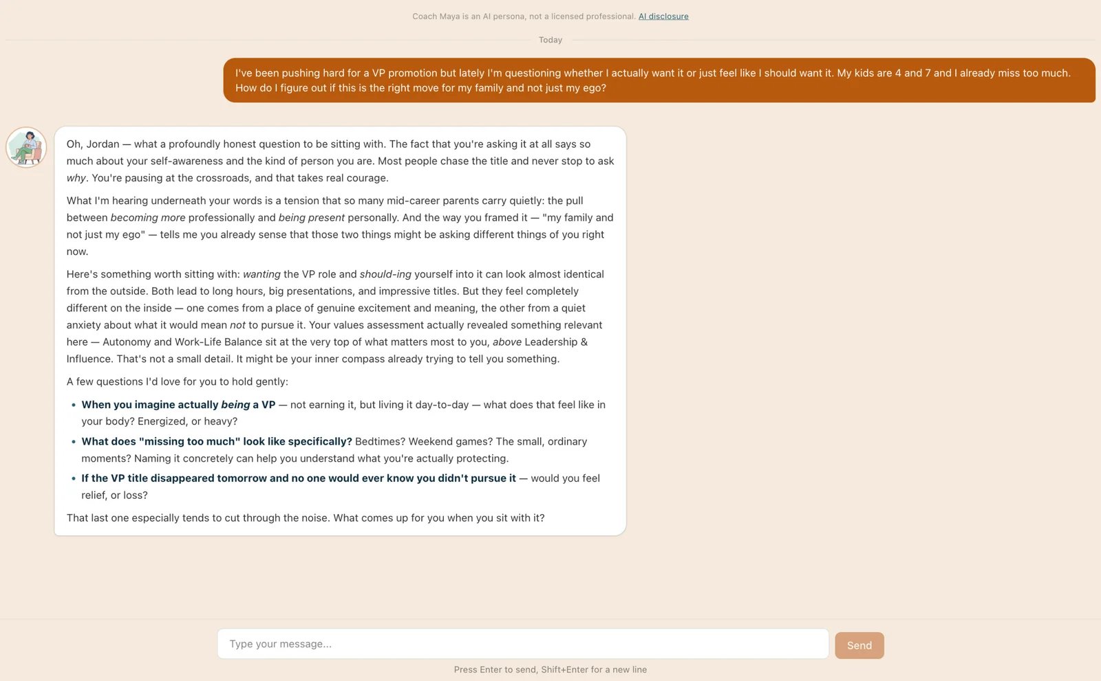 Modern Compass Coach Maya conversation showing values-focused career guidance and persistent decision context