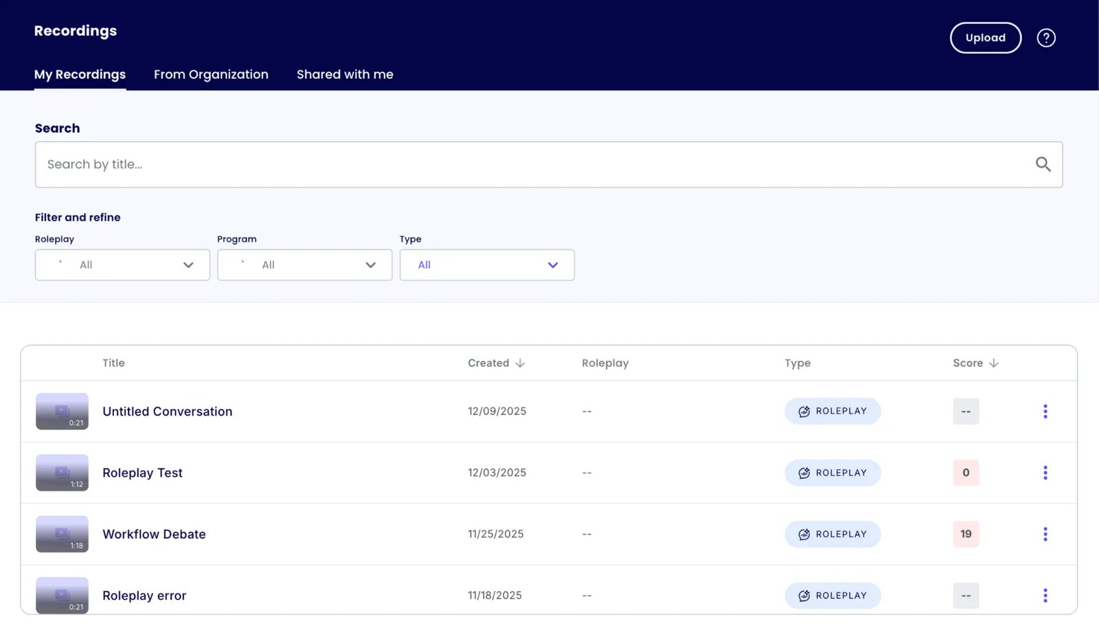 Yoodli Recording Library showing saved roleplays, session scores, and repeat-practice history