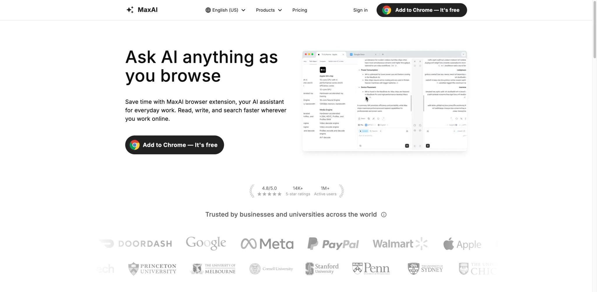 MaxAI interface showing context-aware chat sidebar