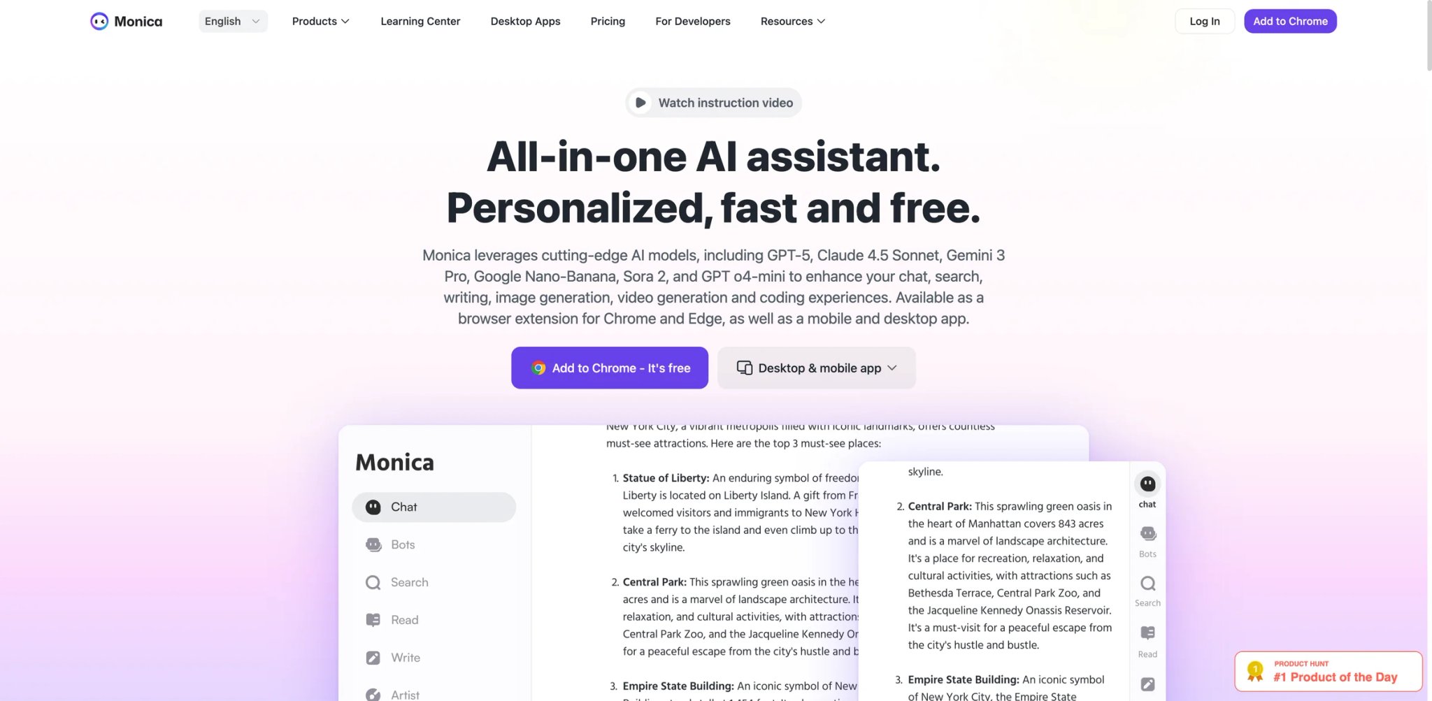 Monica interface showing browser operator and deep research