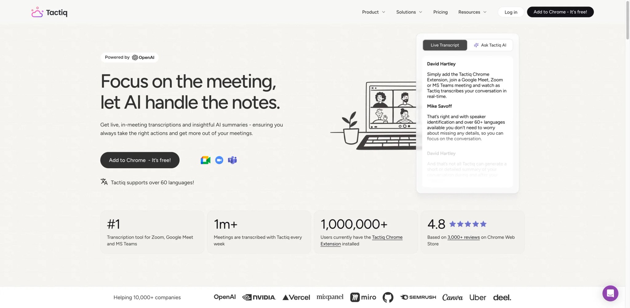 Tactiq interface showing live meeting transcript and AI summary