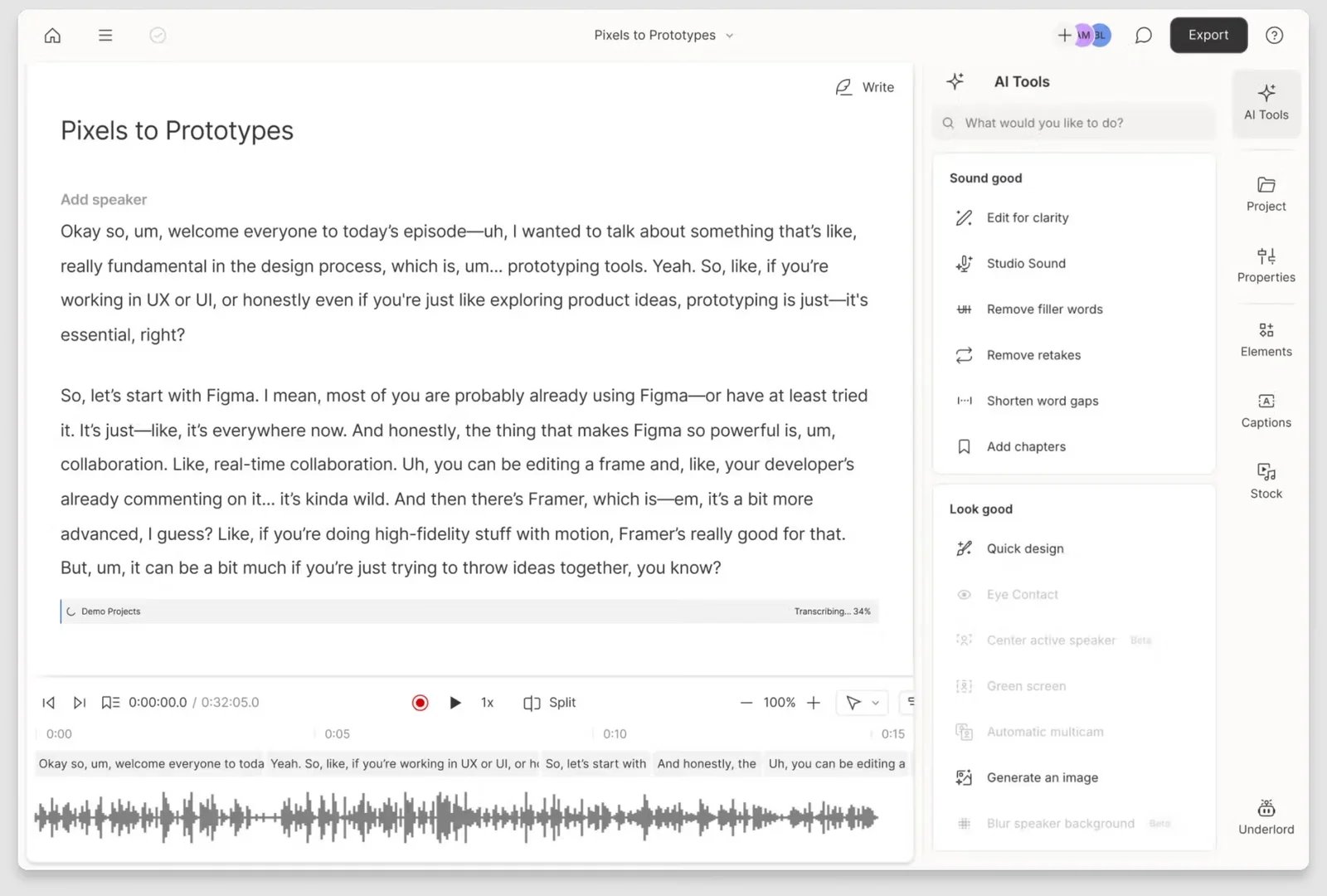 Descript transcript editor with text-based editing controls and a media timeline
