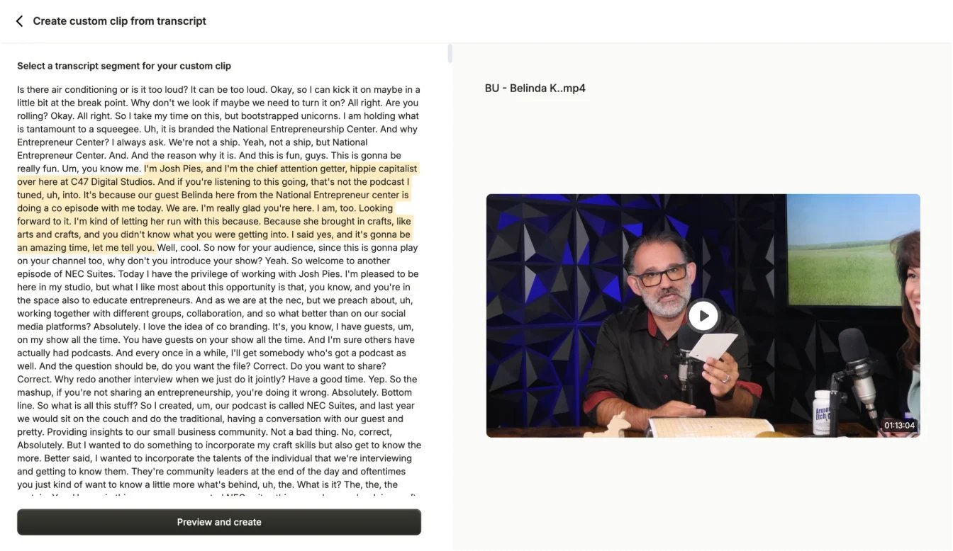 quso.ai transcript selection interface for creating a custom short clip from a long video