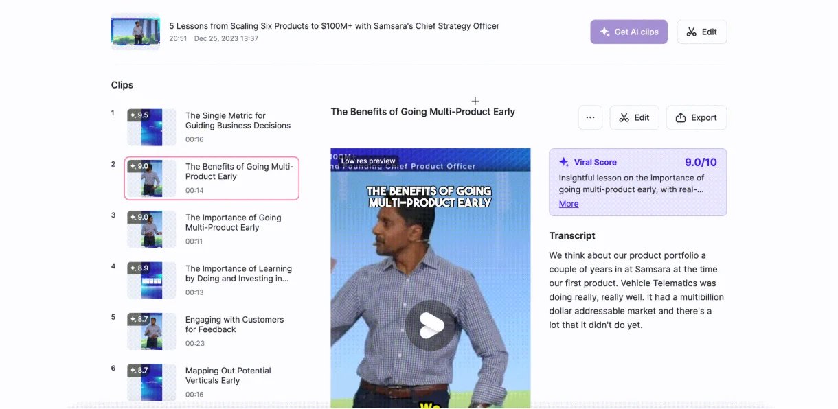 Vizard clip editor showing transcript-based control for extending an AI-generated clip