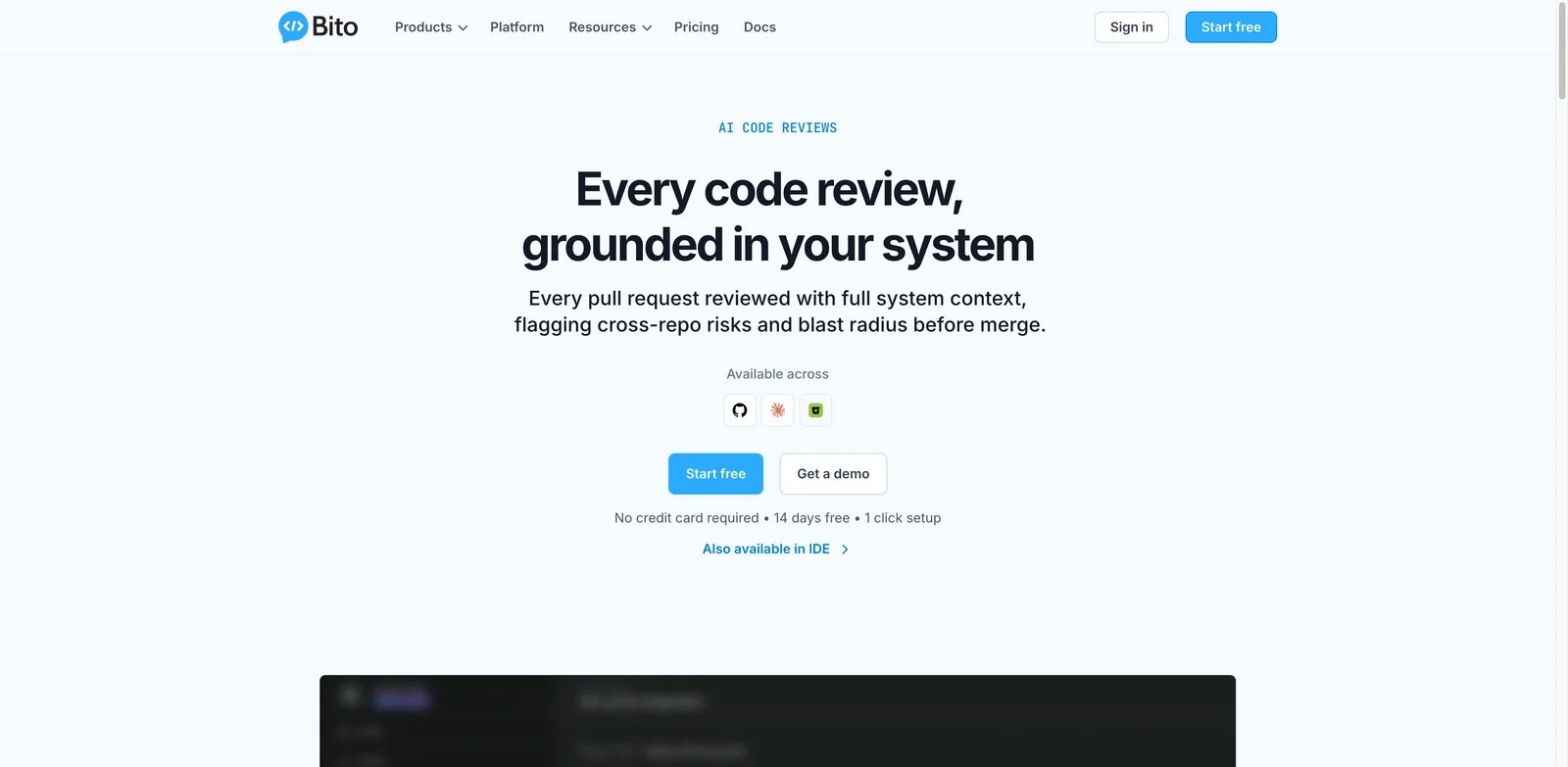 Bito AI Code Review Agent interface showing context-aware Git review