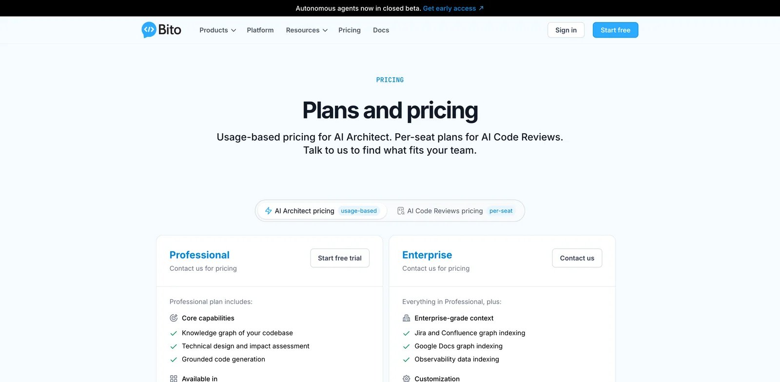 Bito AI Code Reviews interface showing codebase-aware pull request comments and suggested fixes