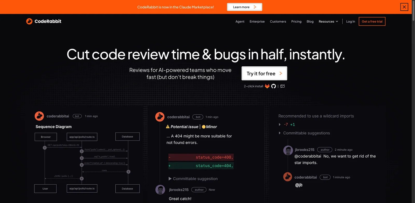 CodeRabbit interface showing AI pull request review comments