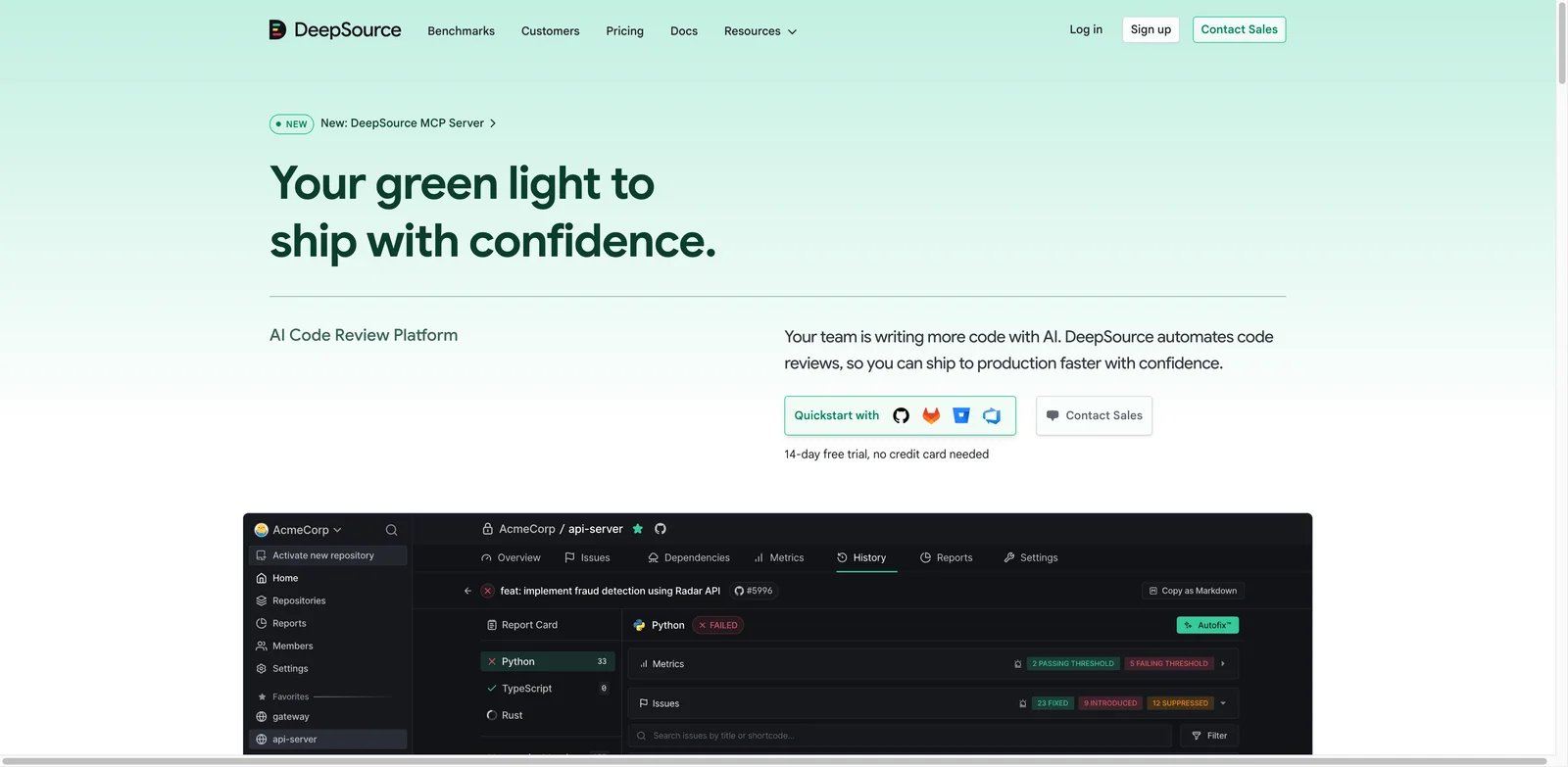 DeepSource interface showing hybrid static analysis and AI code review