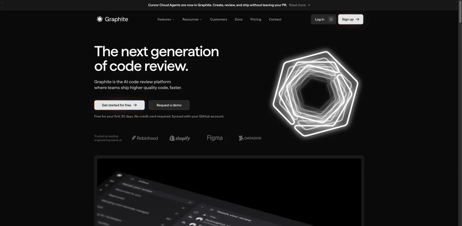 Graphite interface showing stacked pull request and AI review workflow