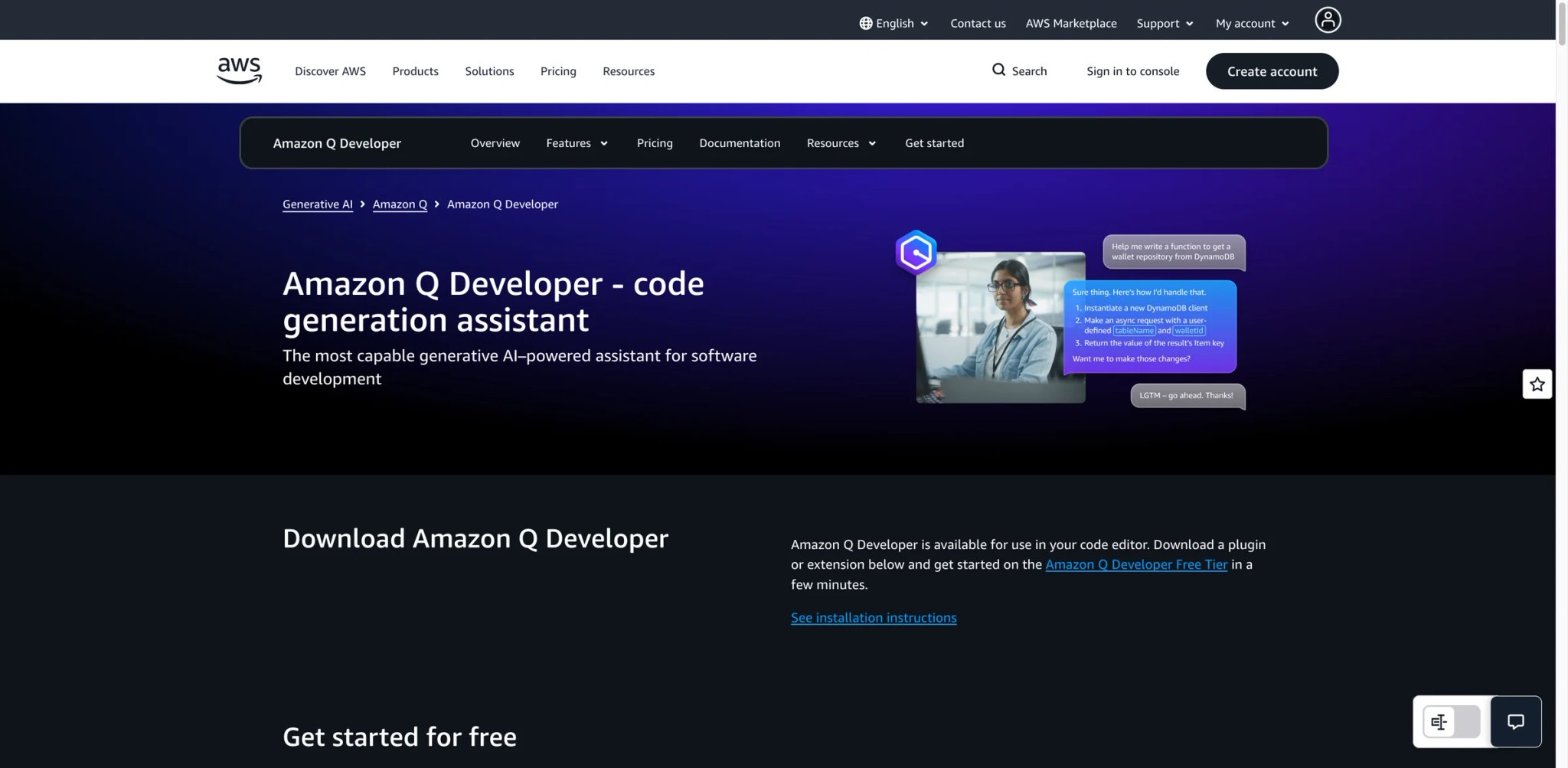 Amazon Q Developer interface showing AWS integration