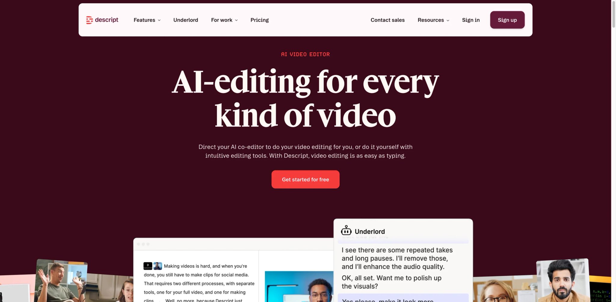 Descript interface showing text-based video editing timeline