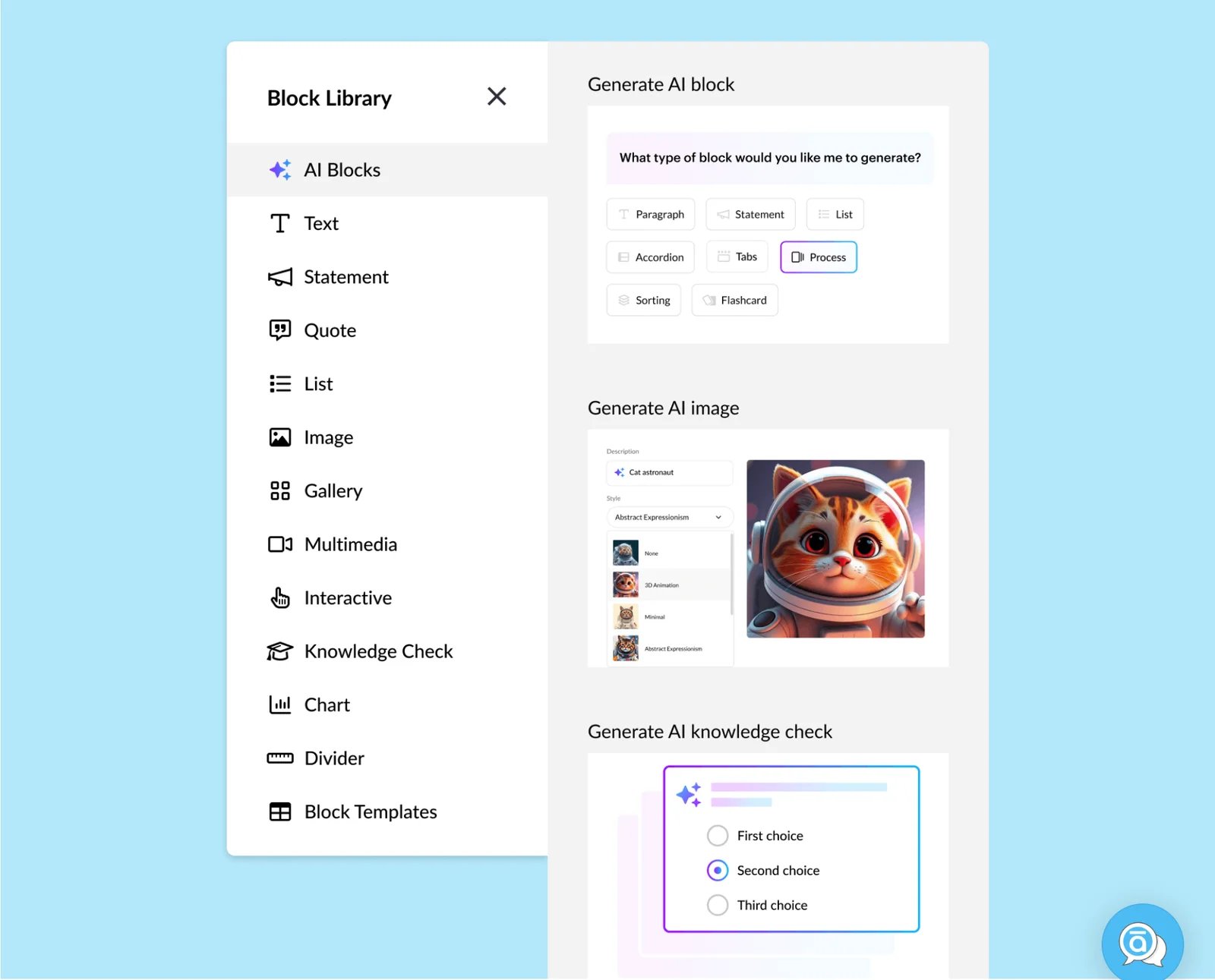 Articulate Rise block library with AI-assisted content creation options inside the authoring interface