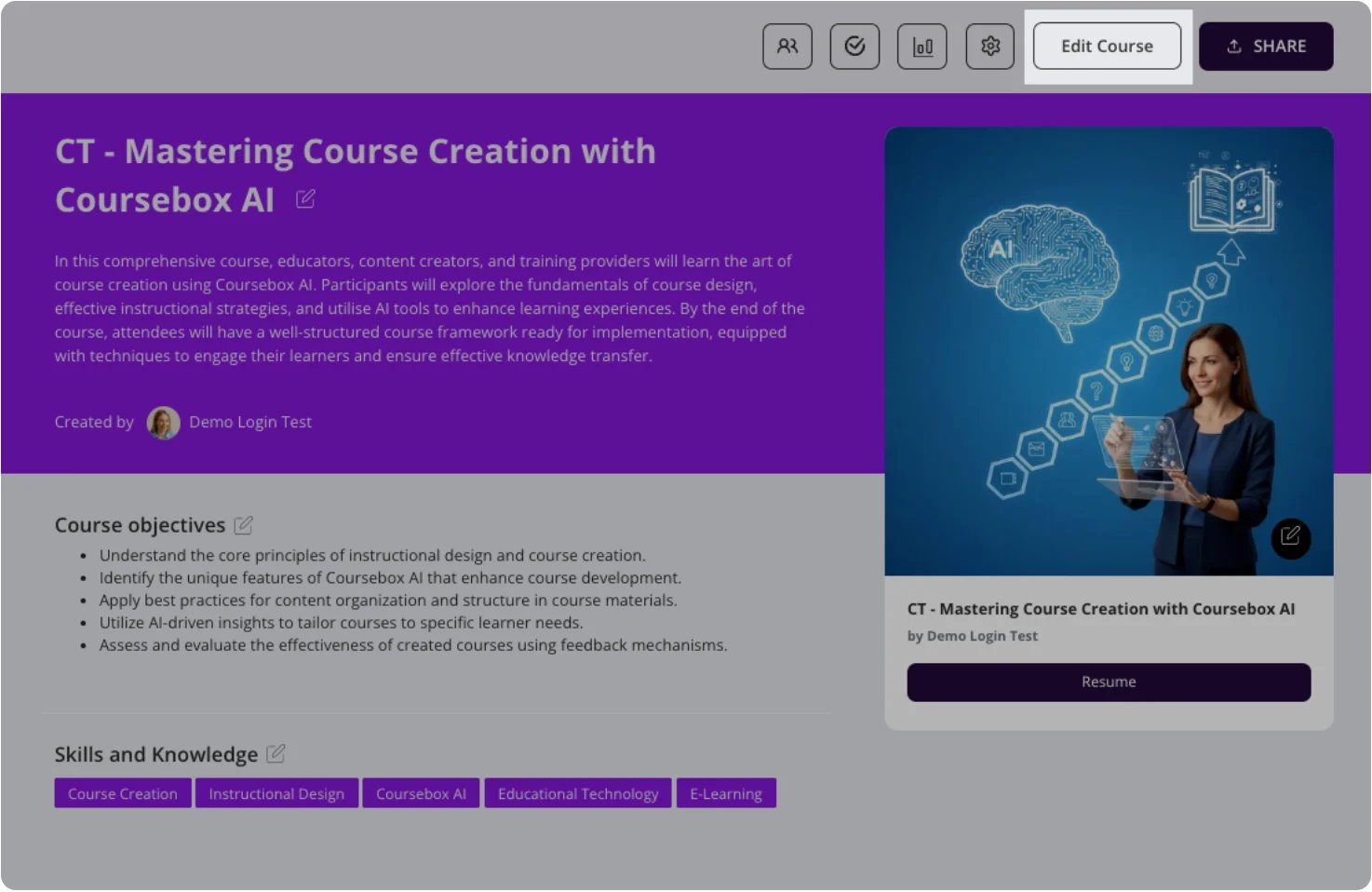 Coursebox course page showing learner-facing content alongside course editing controls