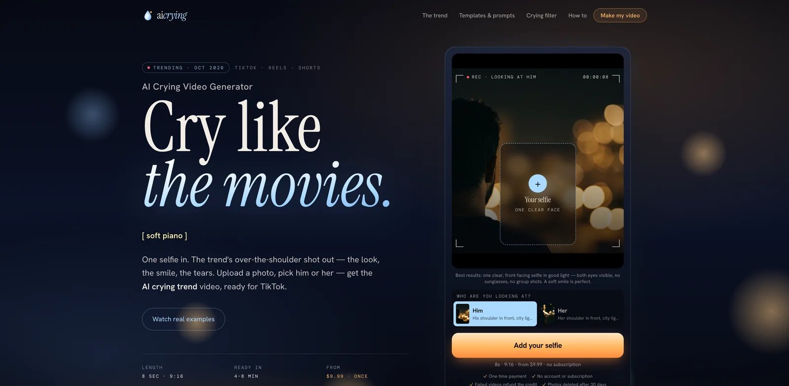 AI Crying selfie upload interface with Him and Her choices and an eight-second vertical video format