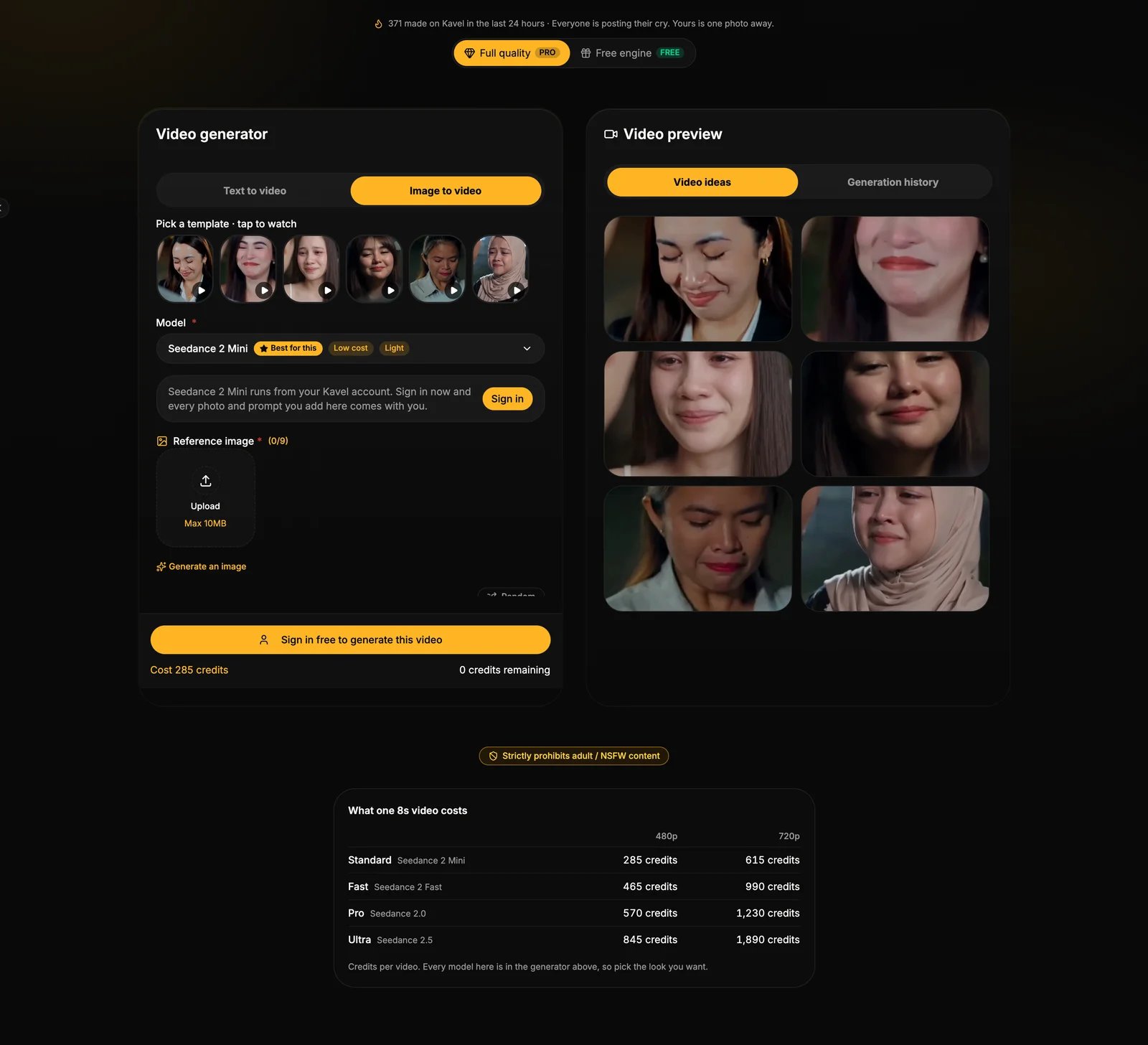 Kavel crying-scene generation interface and settings