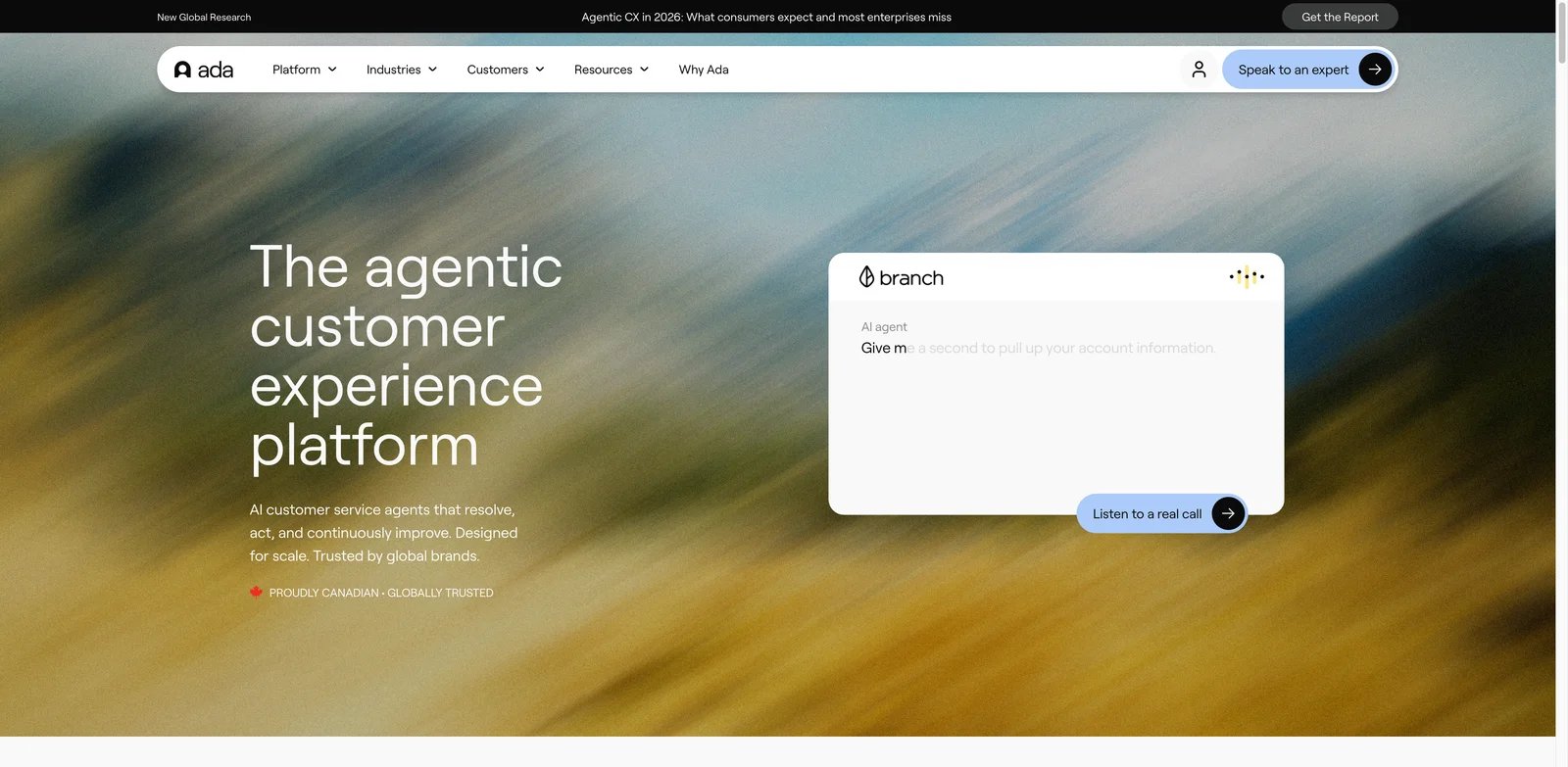 Ada interface showing autonomous AI customer support agent workflows