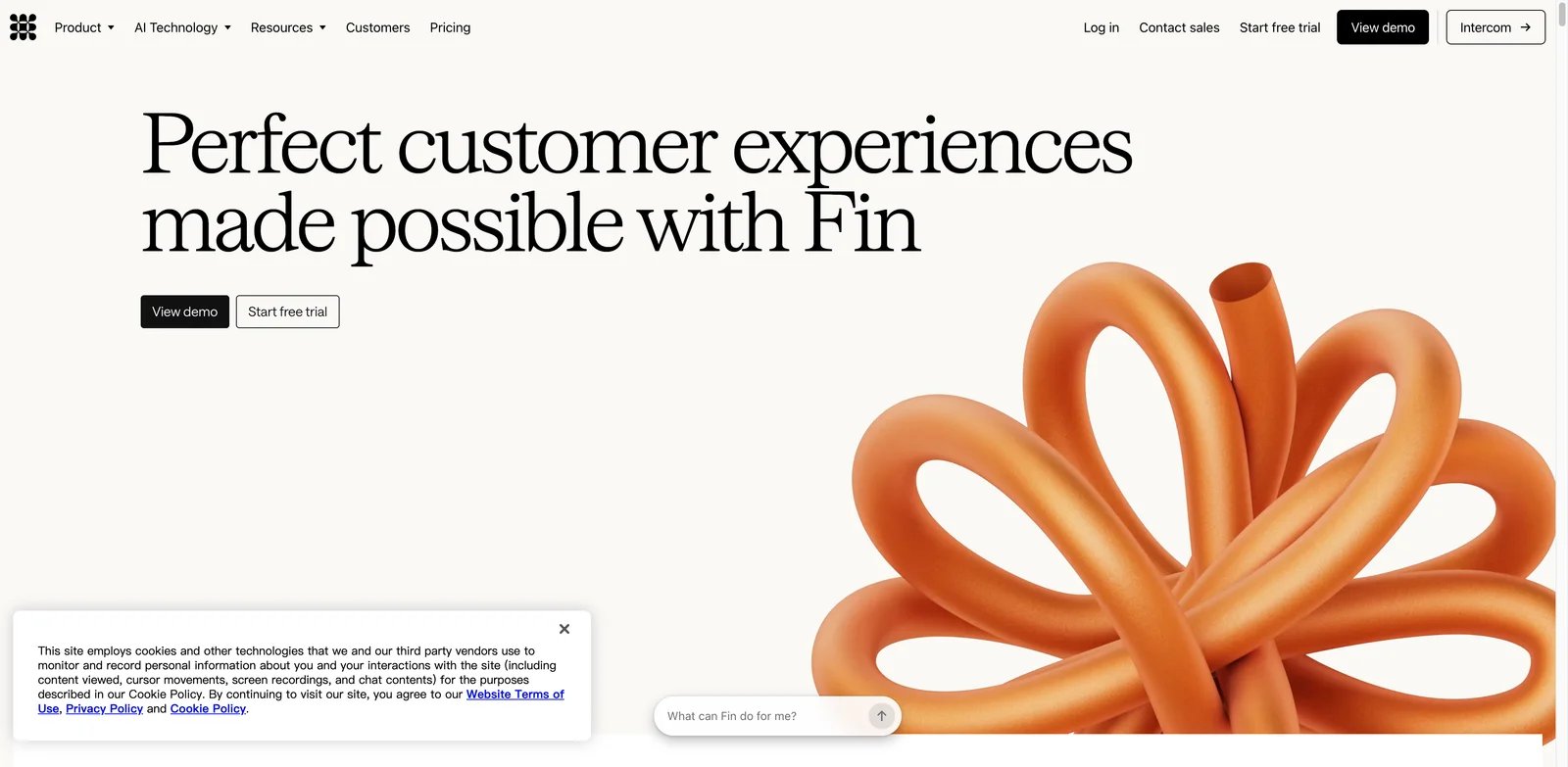 Fin by Intercom interface showing AI customer service resolution workflow