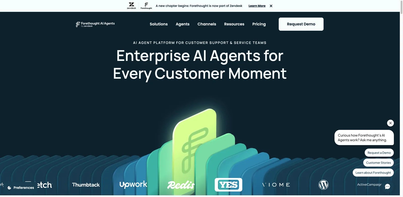 Forethought interface showing AI solve triage assist and support insights