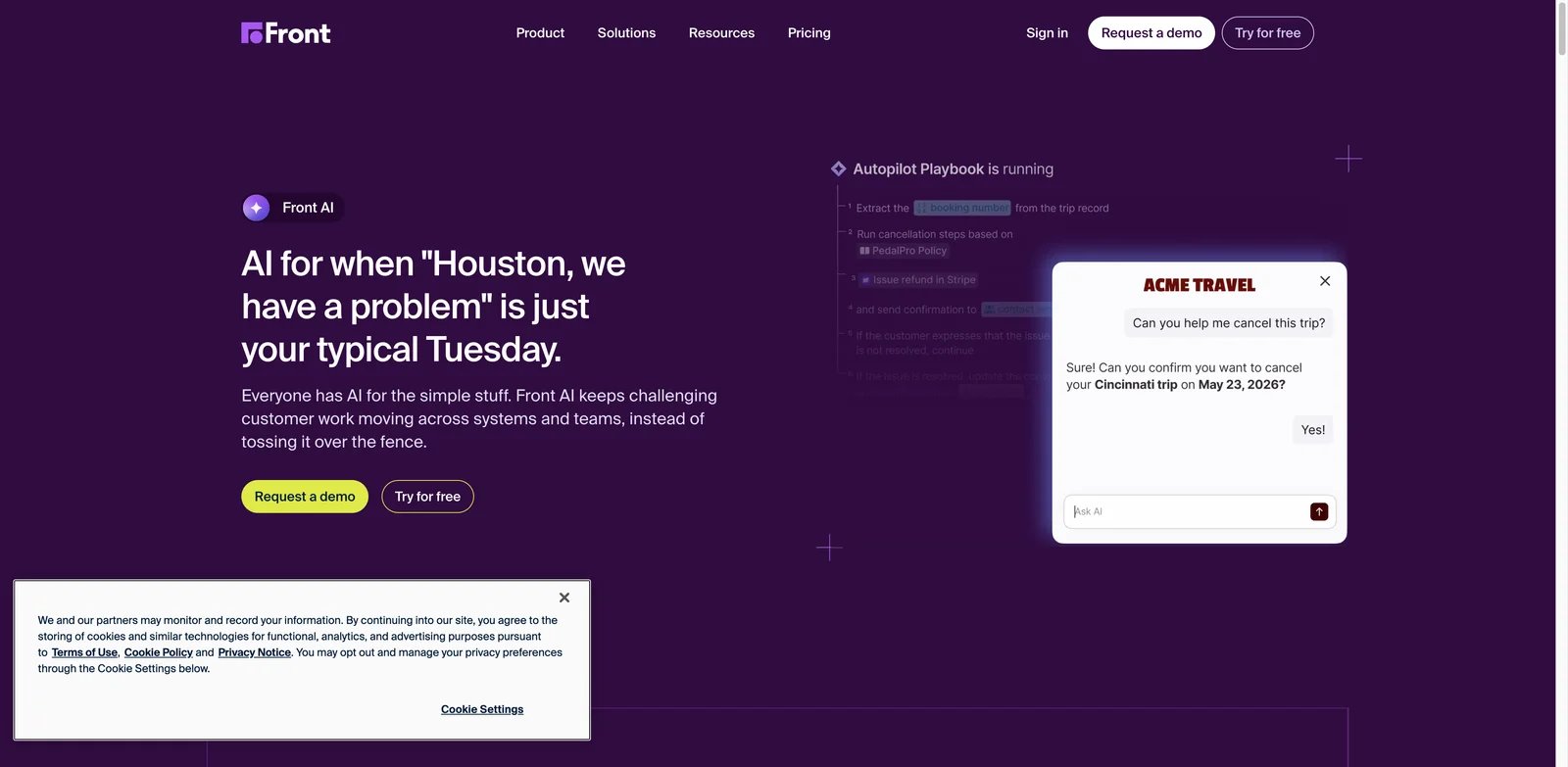 Front AI interface showing shared inbox support automation