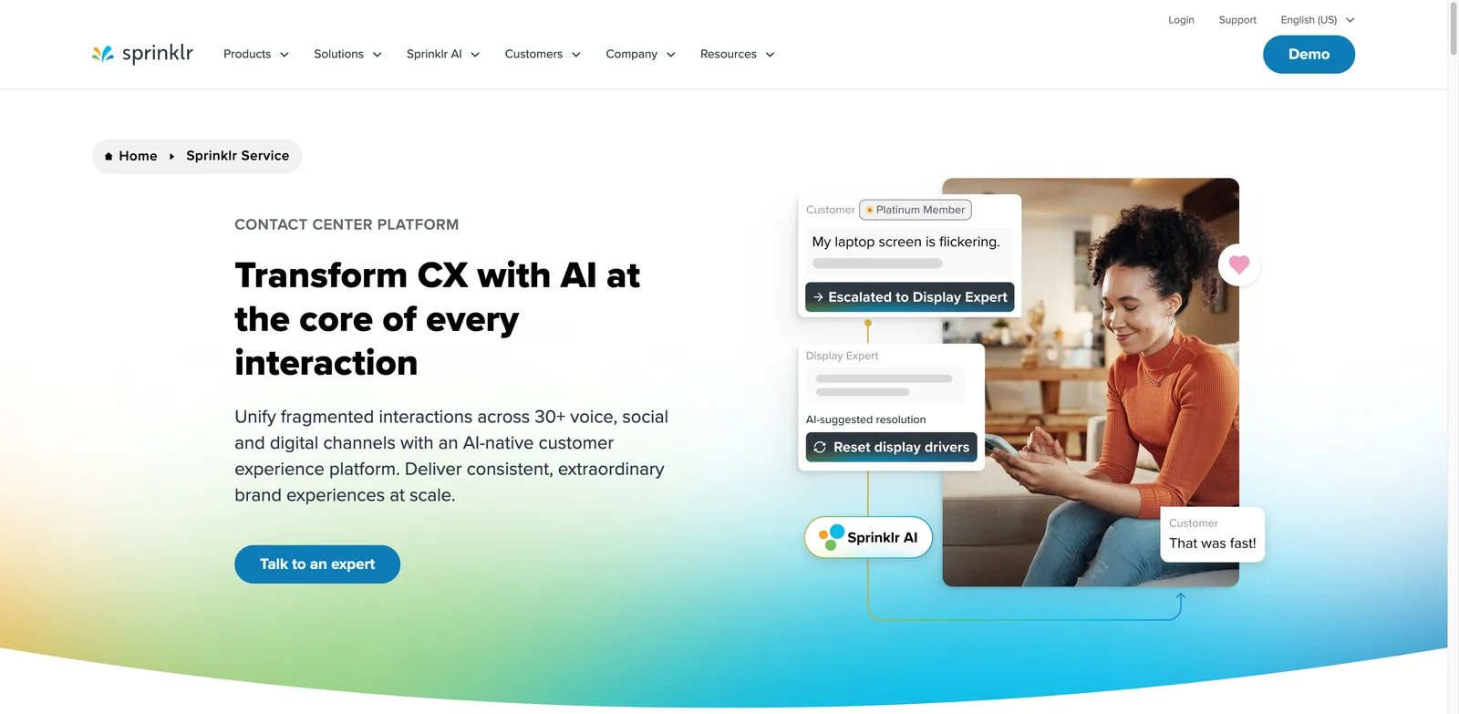 Sprinklr Service interface showing enterprise social and omnichannel customer service