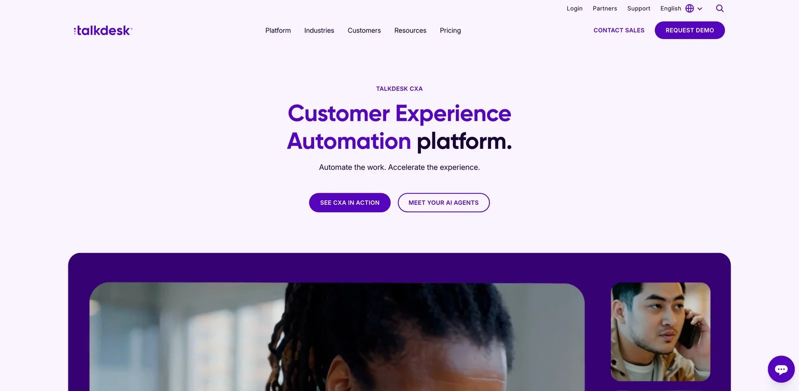 Talkdesk CXA interface showing contact center automation and AI agent workflows