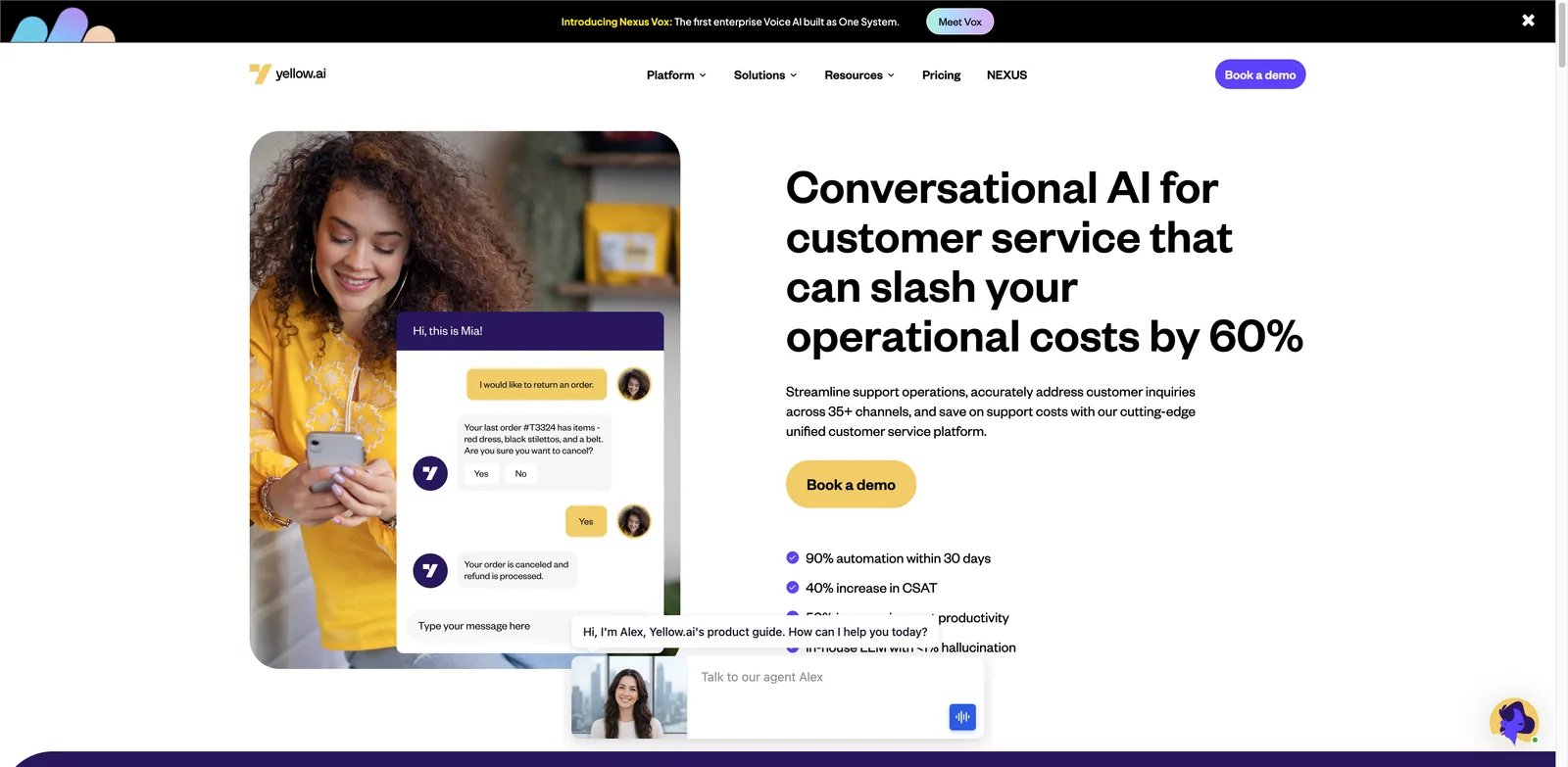 yellow.ai interface showing conversational AI customer service channels