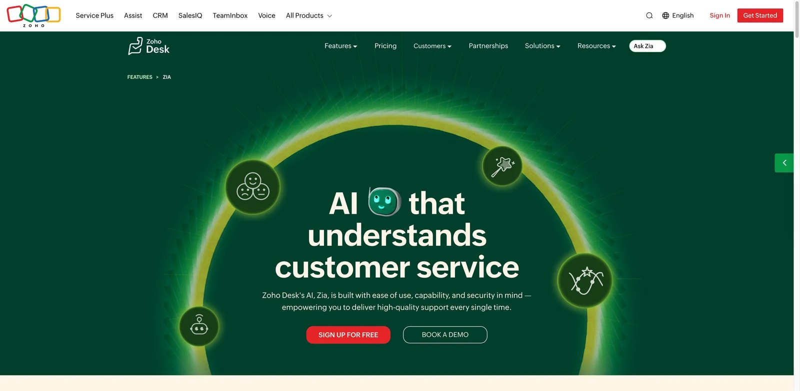 Zoho Desk and Zia interface showing AI helpdesk automation