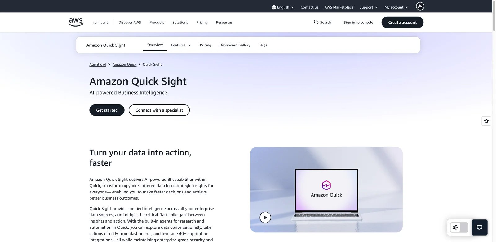 Amazon QuickSight interface showing Amazon Q dashboard workflow