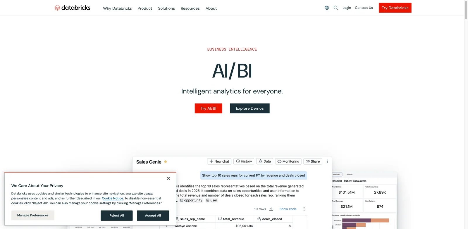 Databricks AI BI interface showing lakehouse dashboard workflow
