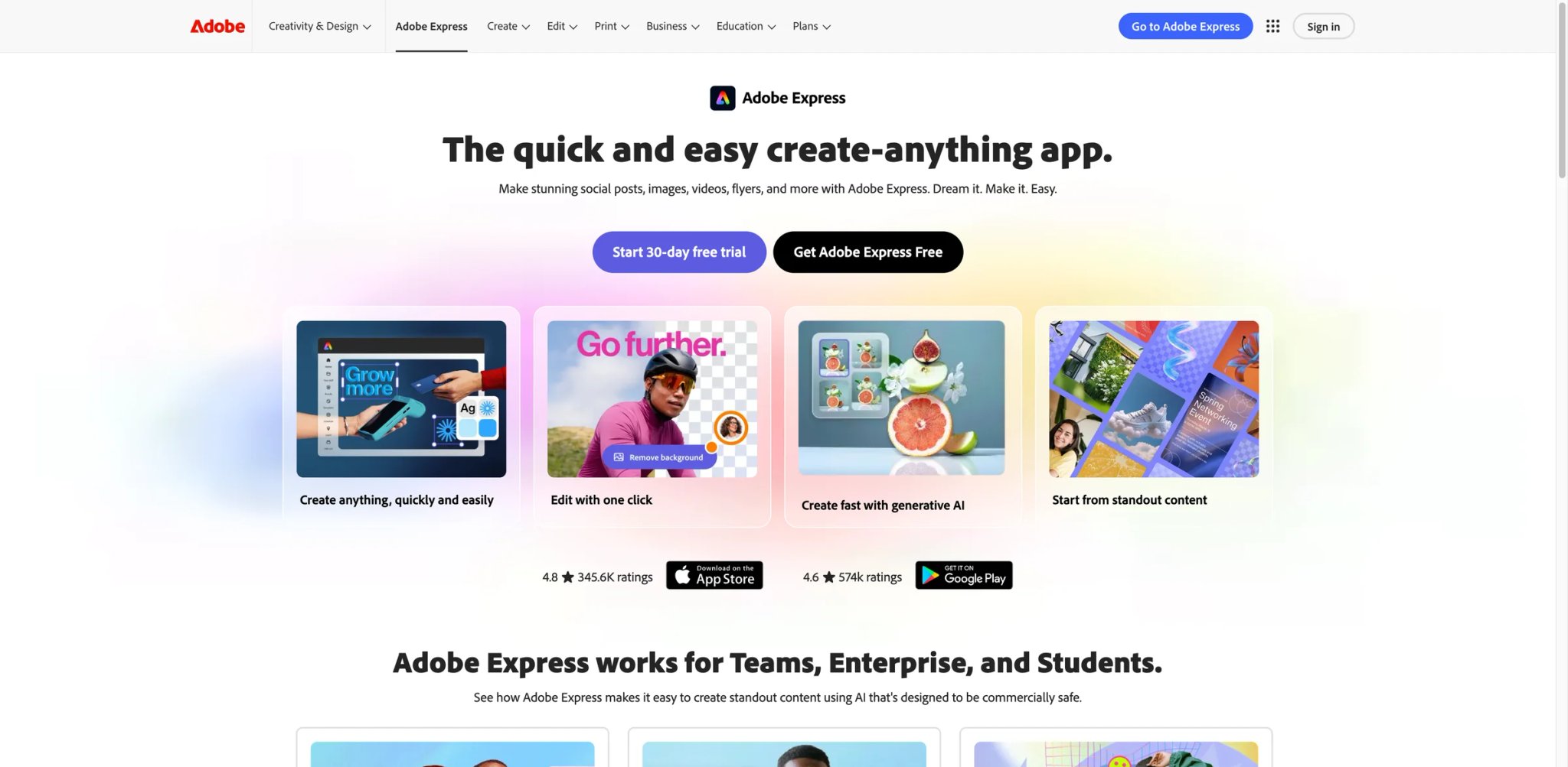 Adobe Express interface showing AI design features