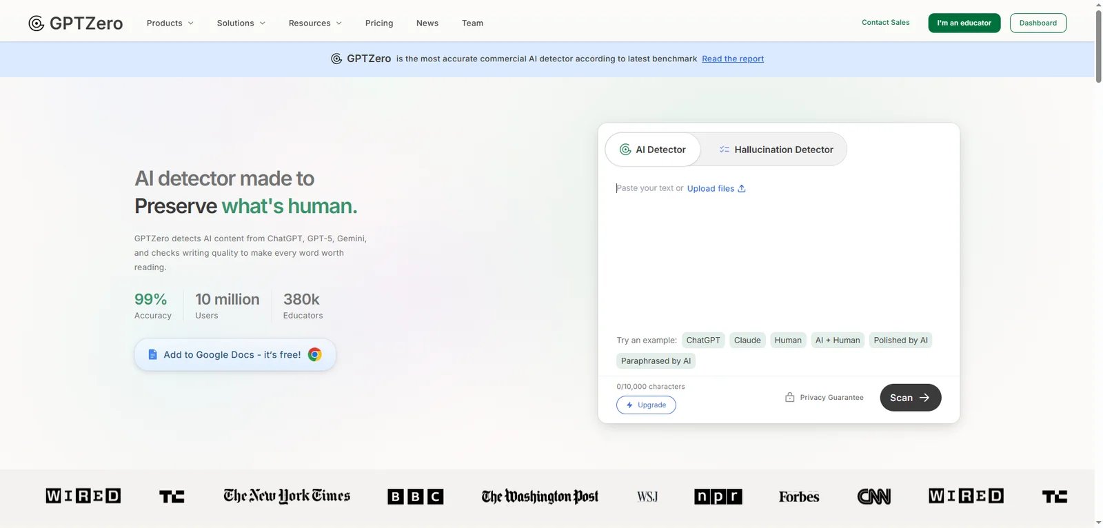 GPTZero detection interface