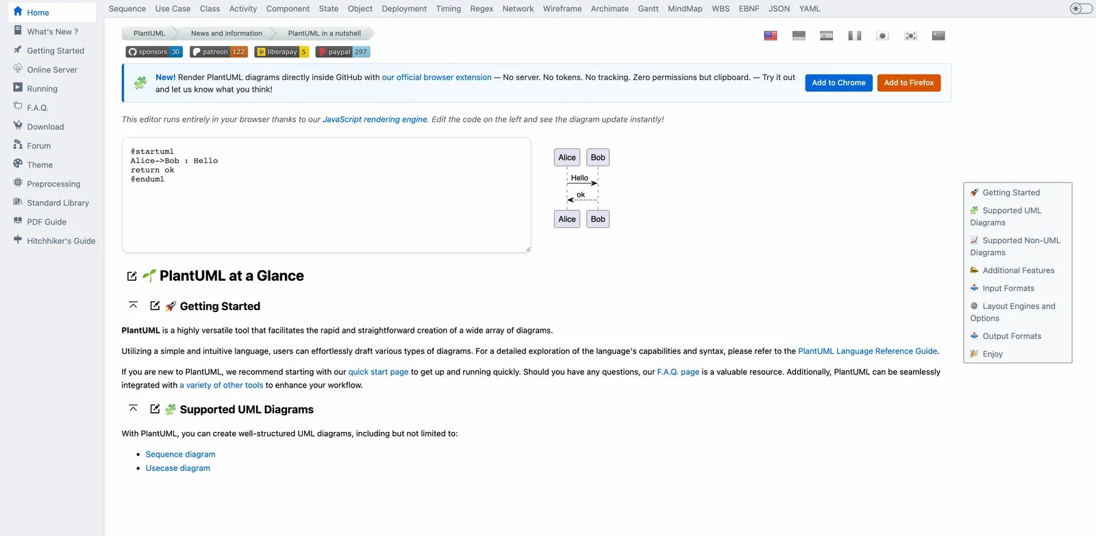PlantUML interface showing UML diagram as code generation