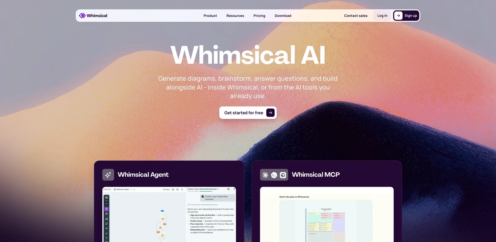 Whimsical AI interface showing flowchart and mind map generation