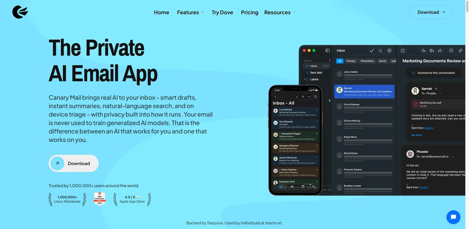 Canary Mail interface showing AI Copilot for email