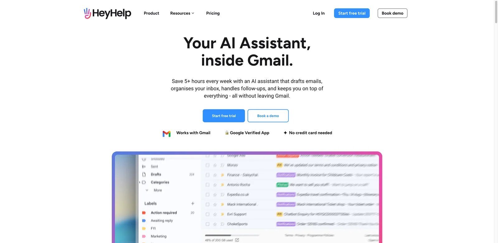 HeyHelp interface showing Gmail sorting and AI draft assistance
