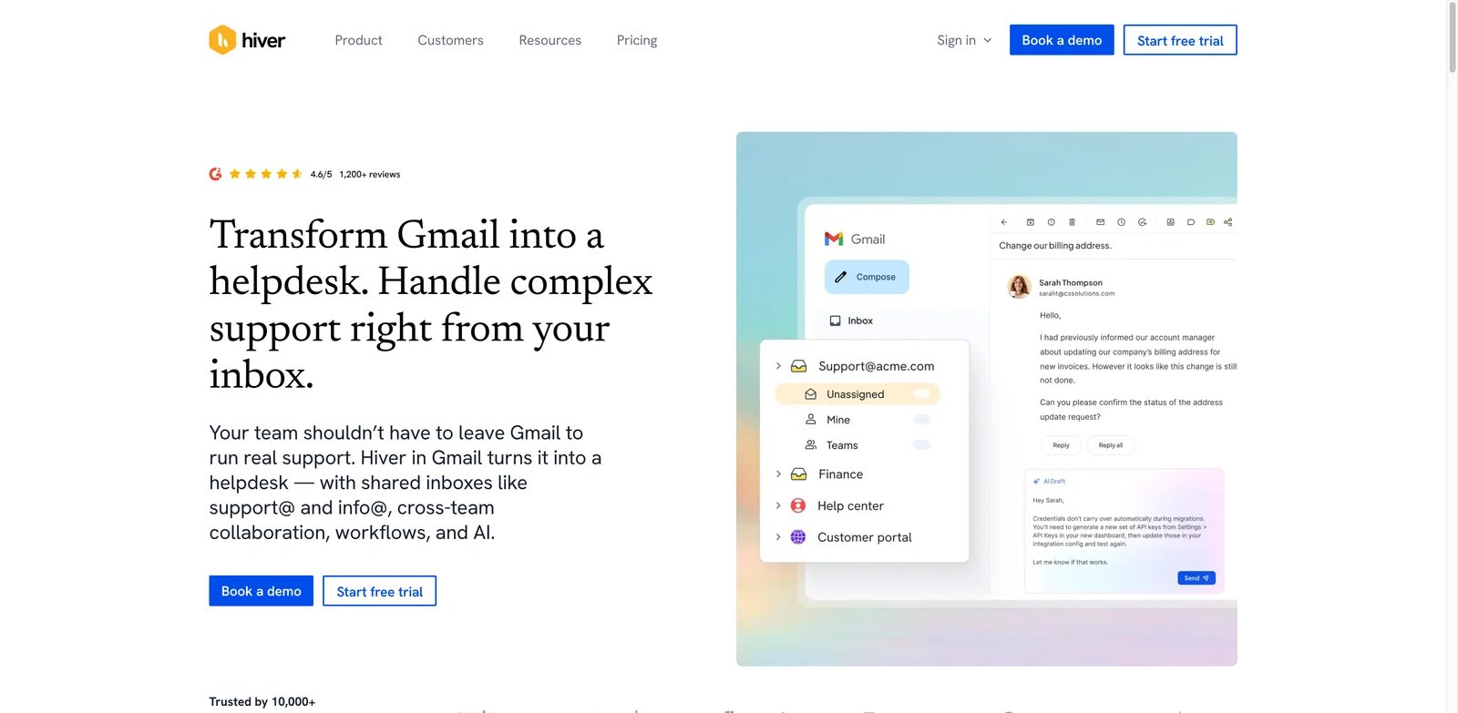 Hiver interface showing Gmail shared inbox and AI copilot