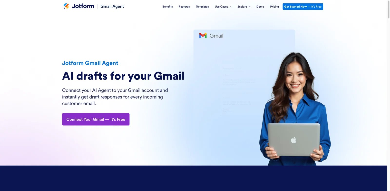 Jotform Gmail Agent interface showing AI replies using knowledge sources