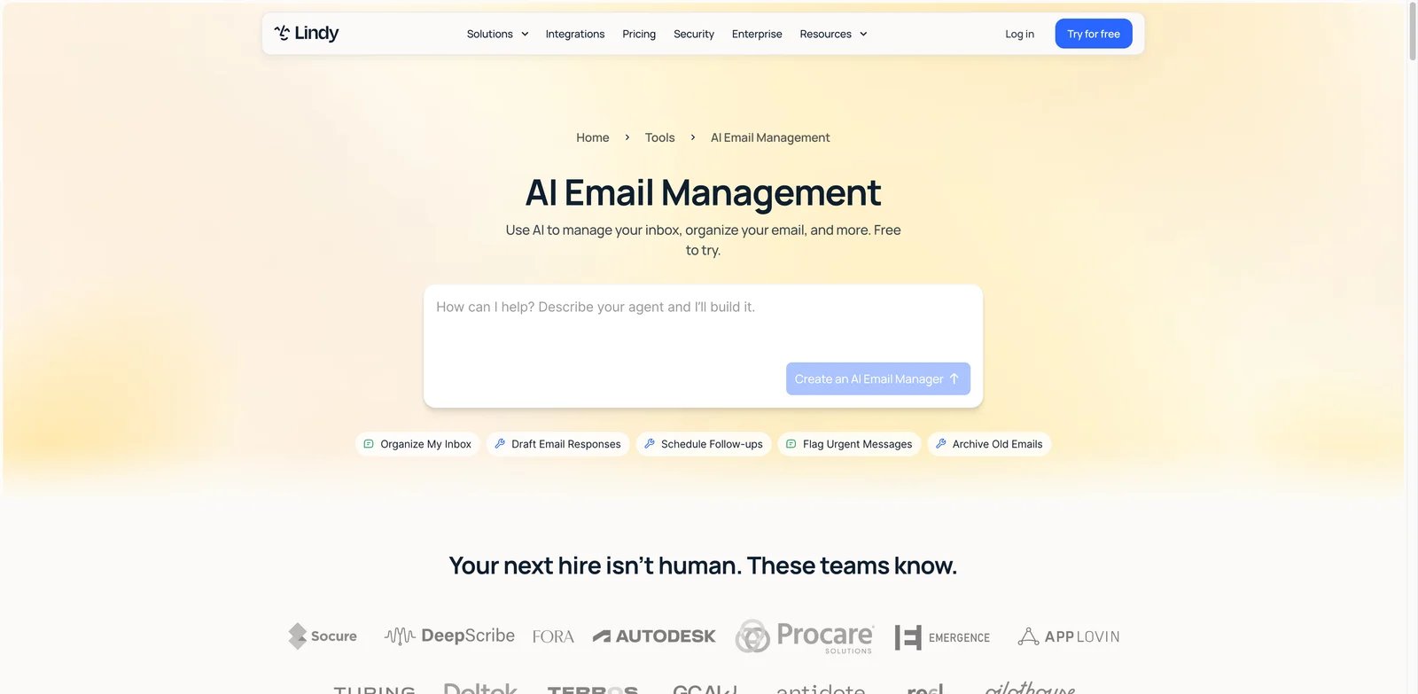 Lindy interface showing AI email management agent workflow