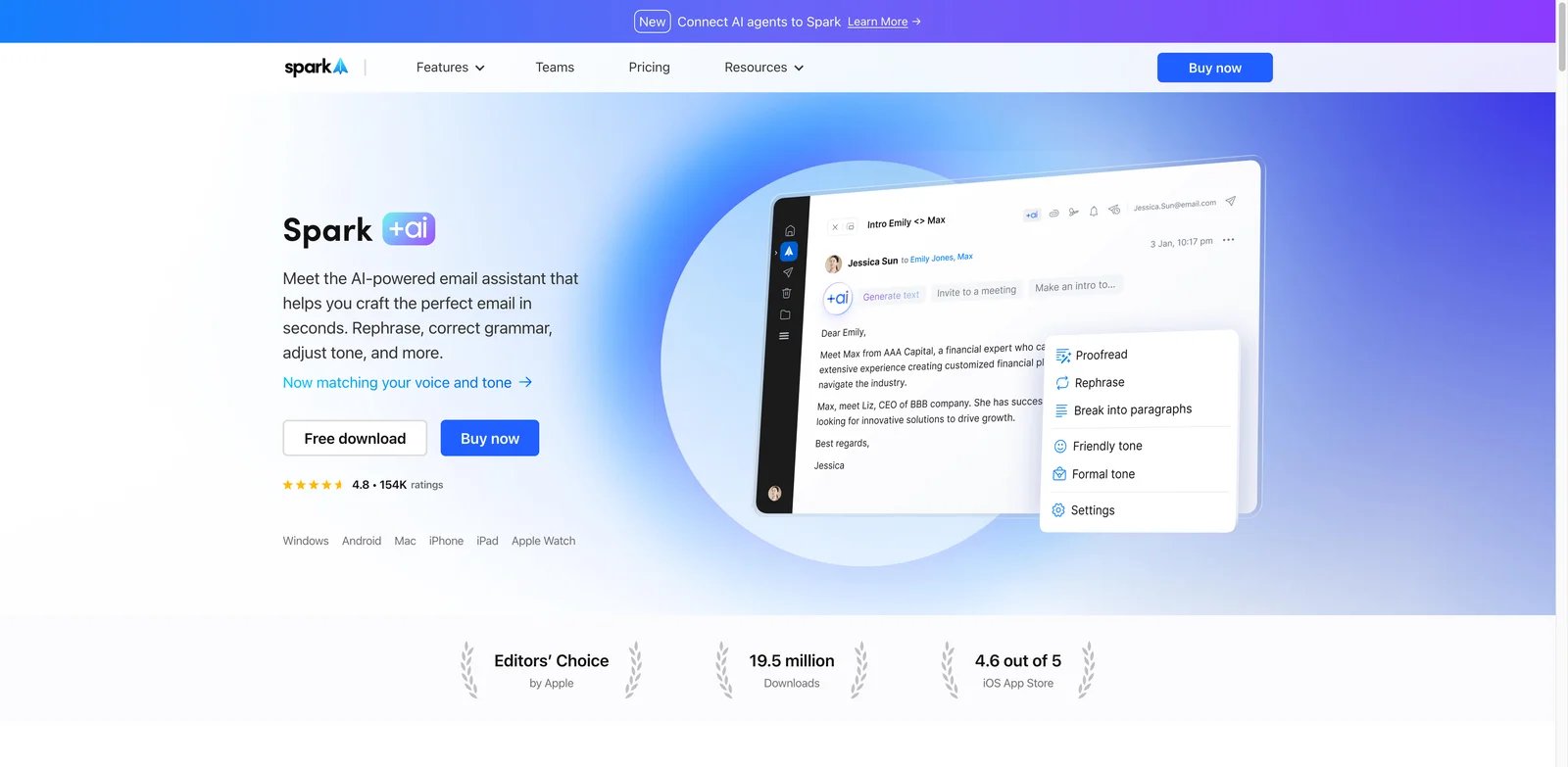 Spark interface showing AI email assistant and inbox actions