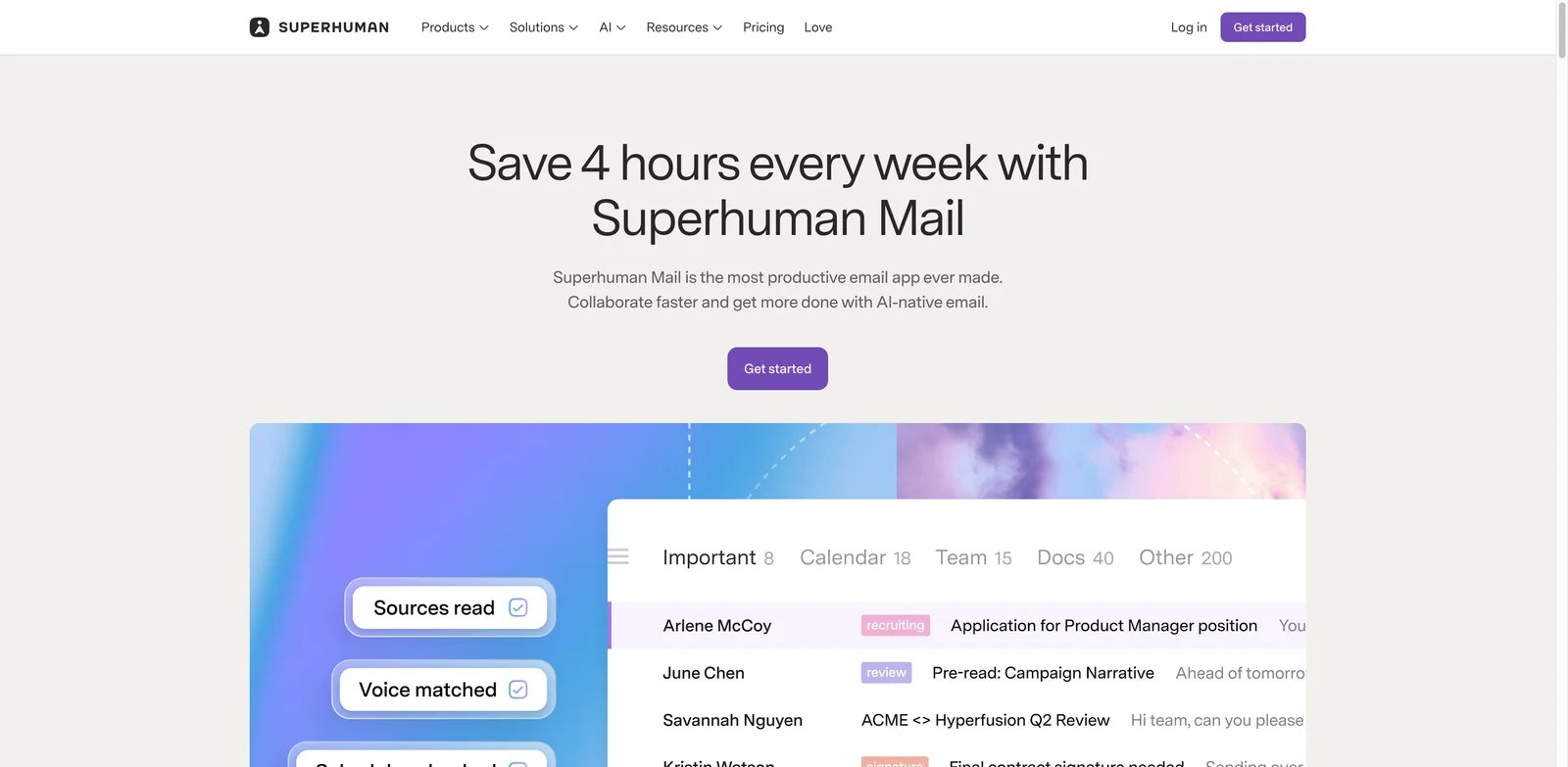 Superhuman Mail interface showing AI drafts and inbox search