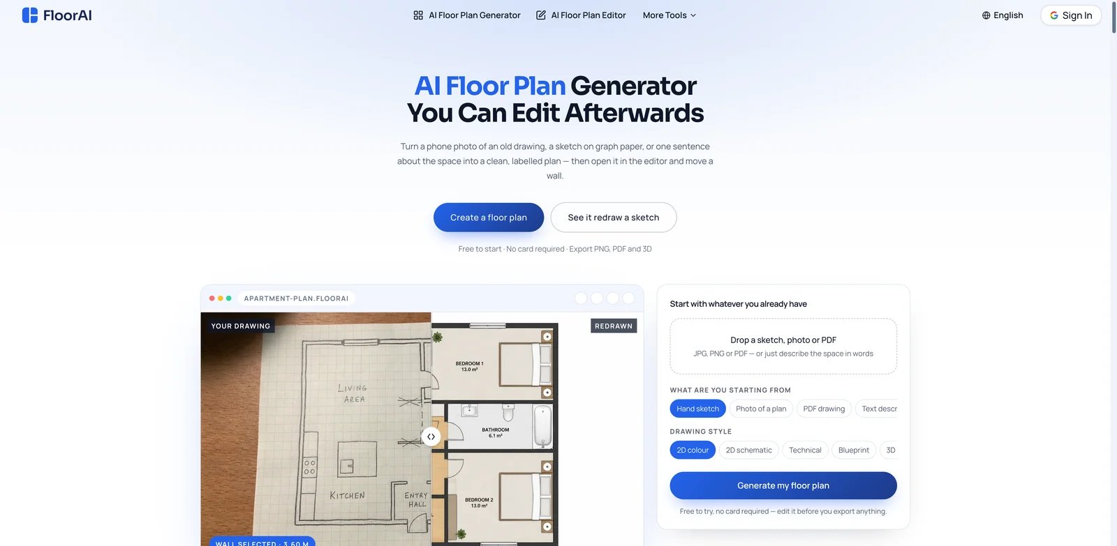 FloorAI interface showing editable AI floor plan inputs