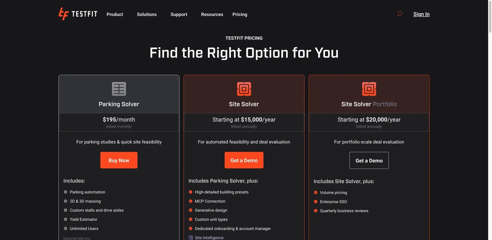 TestFit interface showing site feasibility and generated plans