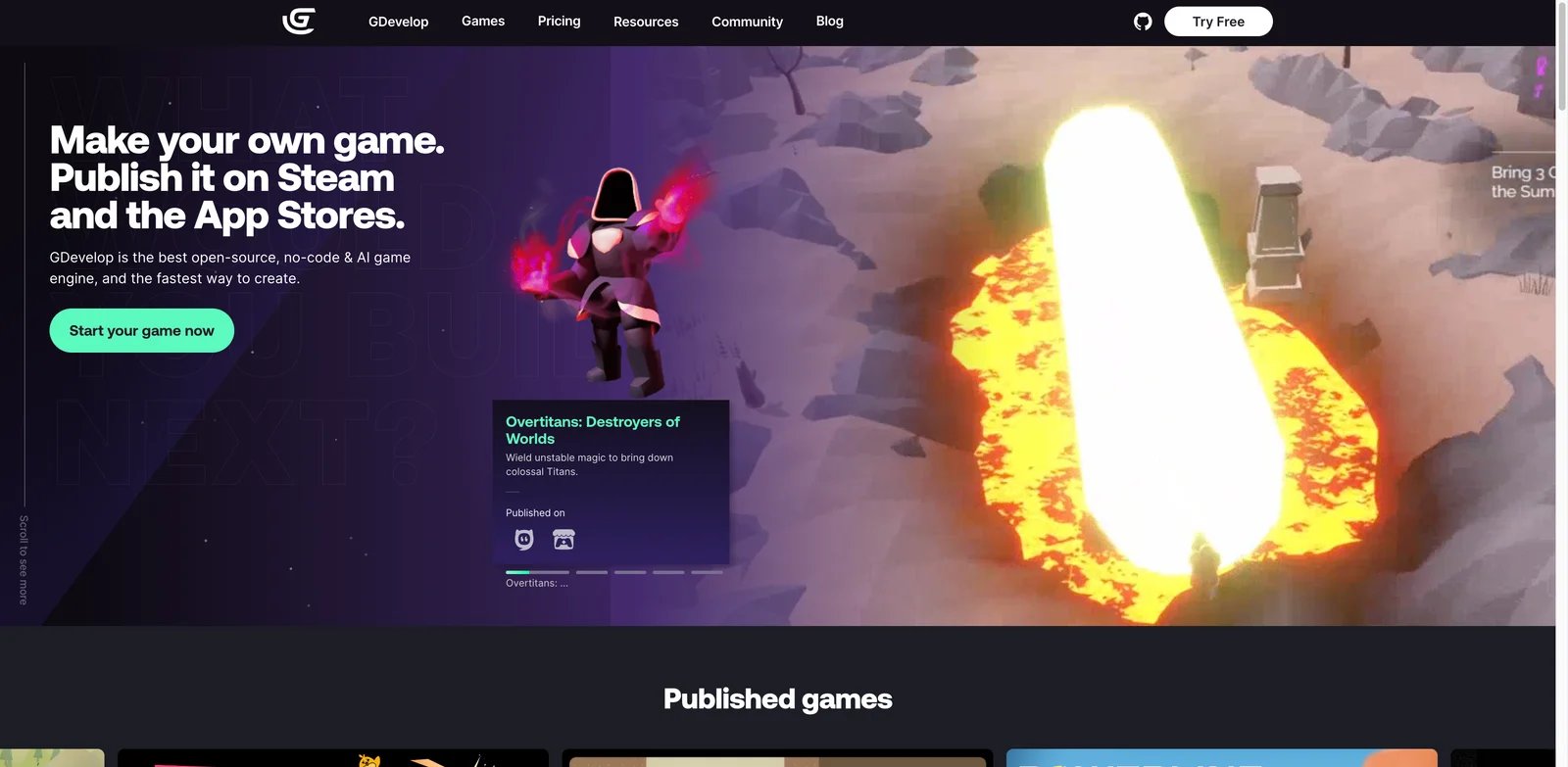 GDevelop interface showing no code game events and AI assistant